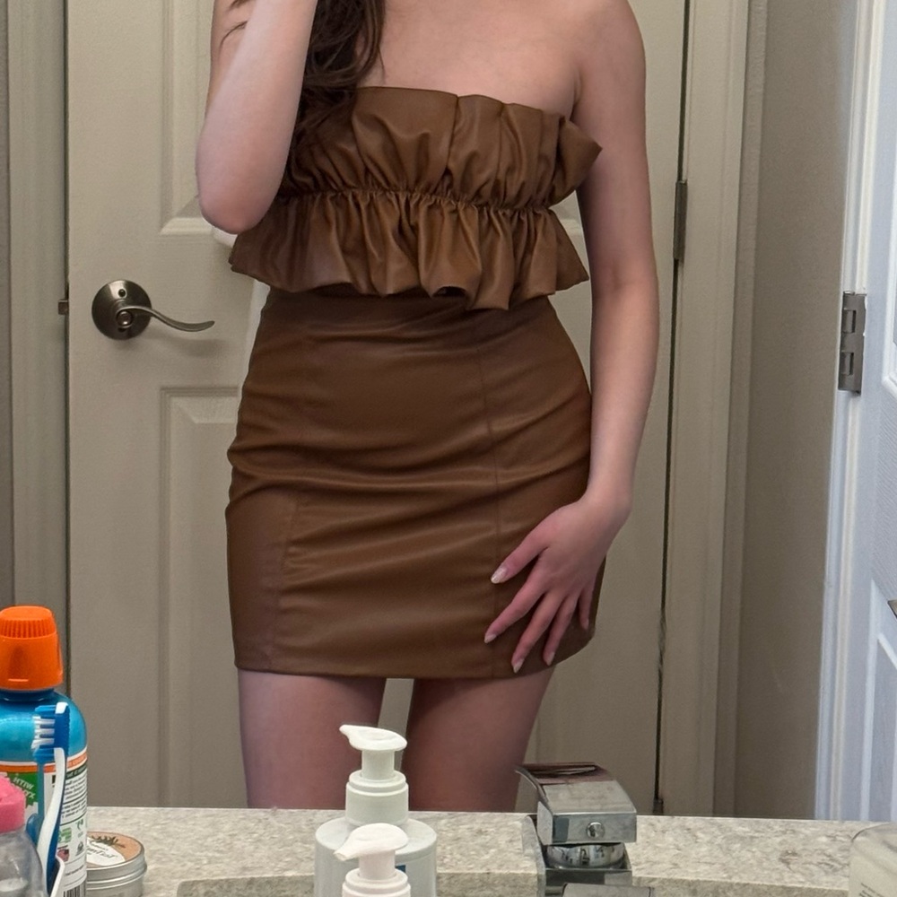 Brown Strapless Ruffle Dress Faux Leather